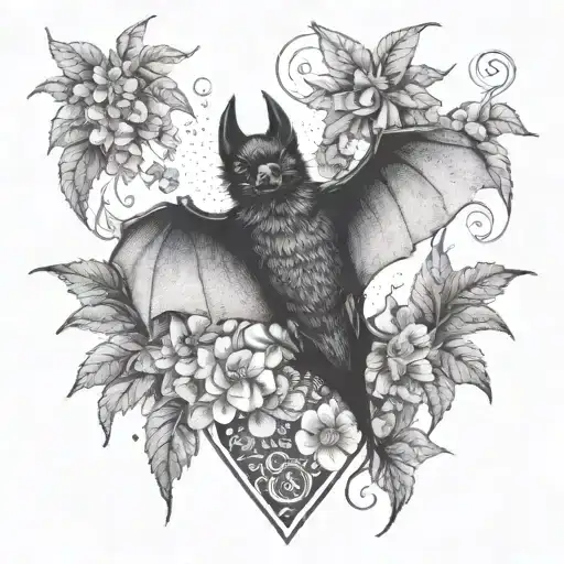A bat hanging upside down in a coffee plant, surrounded by poisonous flowers tattoo design idea