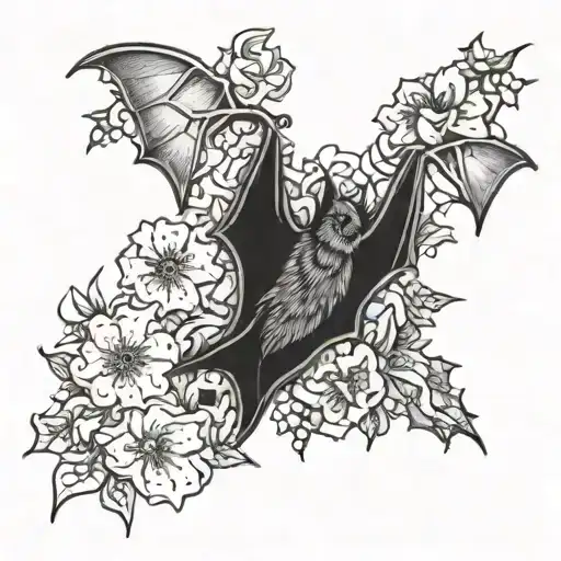 A bat flying through a garden of poisonous flowers tattoo design idea