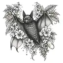 A bat hanging upside down in a coffee plant, surrounded by poisonous flowers tattoo design idea