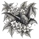 A bat hanging upside down in a coffee plant, surrounded by poisonous flowers tattoo design idea