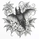 A bat hanging upside down in a coffee plant, surrounded by poisonous flowers tattoo design idea
