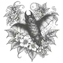 A bat hanging upside down in a coffee plant, surrounded by poisonous flowers tattoo design idea