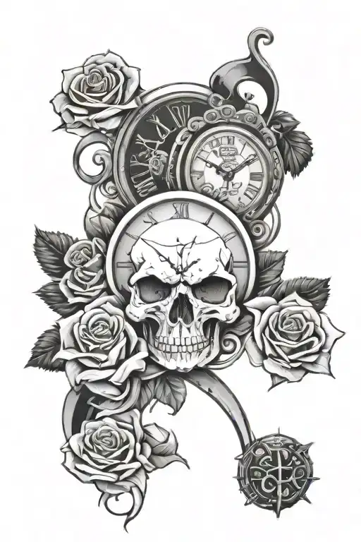 skull sleeve with roses clocks and one small cancer ribbon tattoo design idea