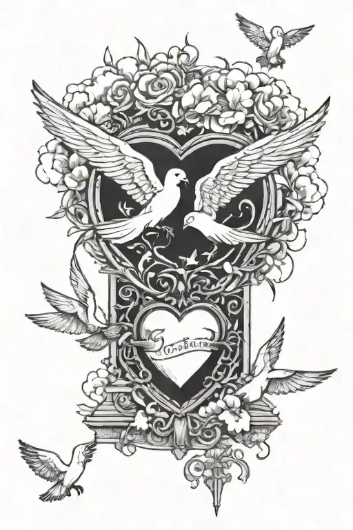 broken heart looking up to heaven gates with quote clouds and doves tattoo design idea