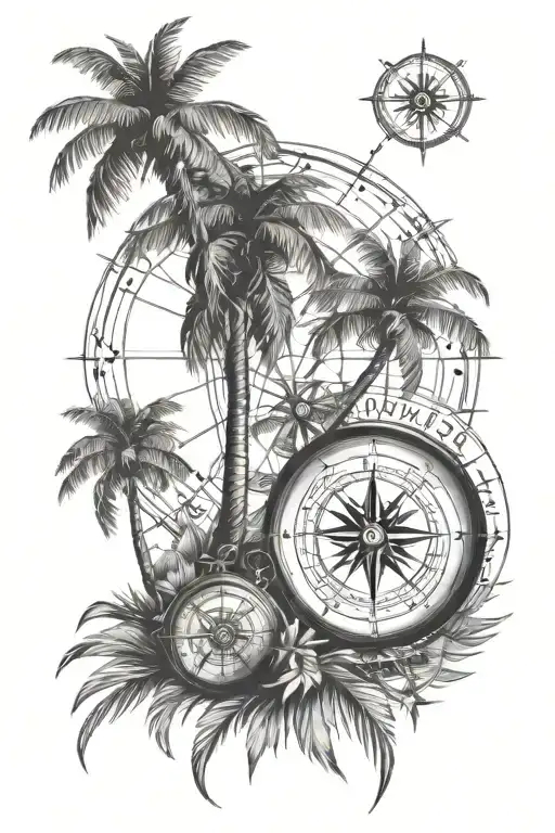 Palm tree and compass tattoo design idea