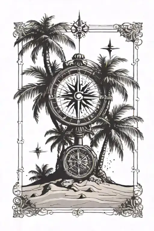 Palm tree with a compass at the base of tree in sand tattoo design idea