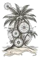 Palm tree with a compass at the base of tree in sand tattoo design idea