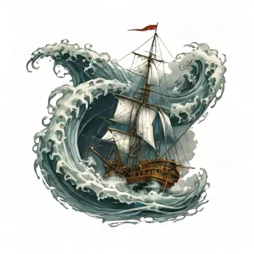 Drakar that sails through the waves in bad weather in a gloomy style tattoo design idea