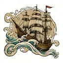 Drakar that sails through the waves in bad weather in a gloomy style tattoo design idea