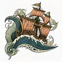 Drakar that sails through the waves in bad weather in a gloomy style tattoo design idea