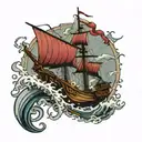 Drakar that sails through the waves in bad weather in a gloomy style tattoo design idea