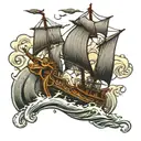 Drakar that sails through the waves in bad weather in a gloomy style tattoo design idea