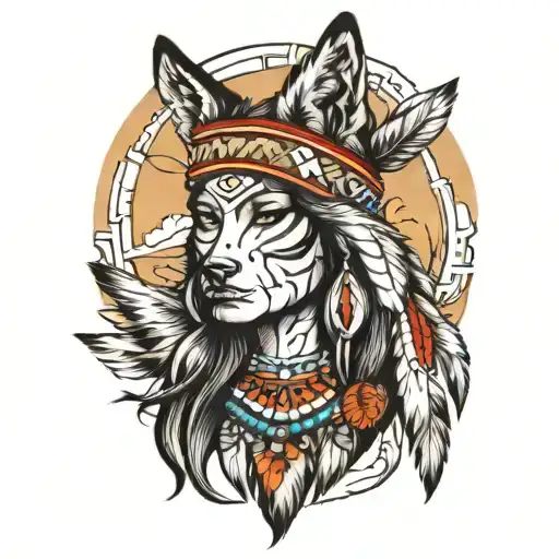 Beautiful native american woman sleeve with wolf hat tattoo design idea