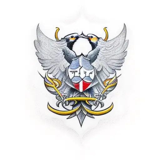 Dewhirst family crest with woodpecker pecking at side of shield tattoo design idea