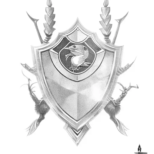 Shield with 3 scallop shells on the front of shield and woodpecker pecking on side of shield  tattoo design idea