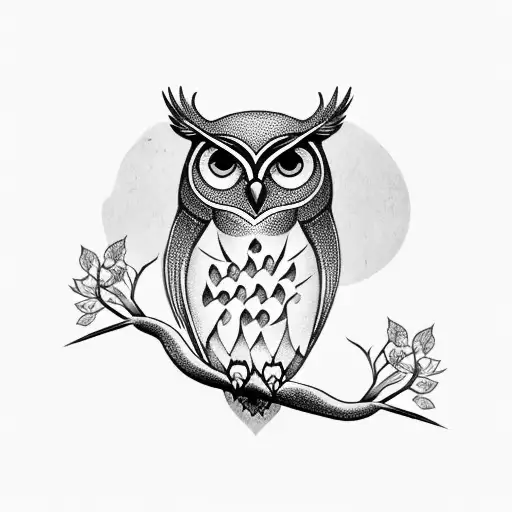 An Owl on an Apple Tree Branch. The apple branch has an apple blossom on it. The owls eyes are green. tattoo design idea
