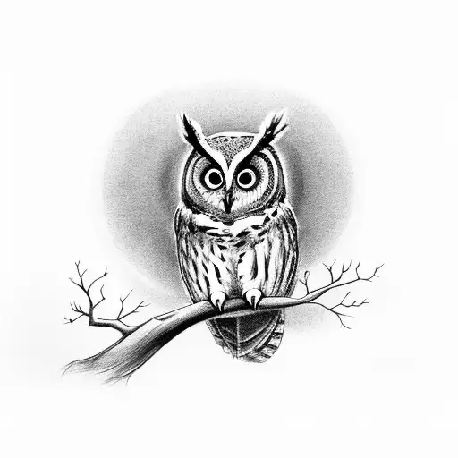 An Owl on an Apple Tree Branch. The apple branch has an apple blossom on it. The owls eyes are green. tattoo design idea