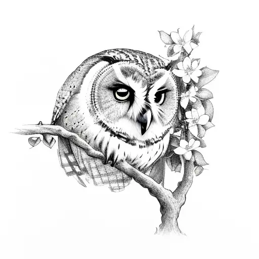 An Owl on an Apple Tree Branch with an apple blossom flower tattoo design idea