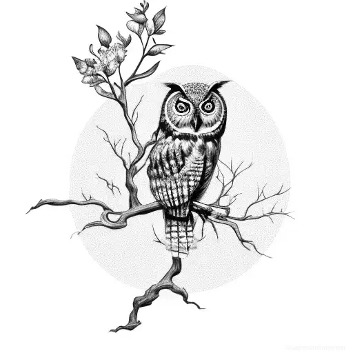 An Owl on an Apple Tree Branch with an apple blossom flower tattoo design idea