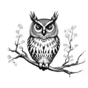 An Owl on an Apple Tree Branch. The apple branch has an apple blossom on it. The owls eyes are green. tattoo design idea