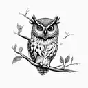 An Owl on an Apple Tree Branch. The apple branch has an apple blossom on it. The owls eyes are green. tattoo design idea