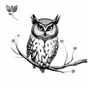 An Owl on an Apple Tree Branch. The apple branch has an apple blossom on it. The owls eyes are green. tattoo design idea