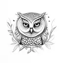 An Owl on an Apple Tree Branch. The apple branch has an apple blossom on it. The owls eyes are green. tattoo design idea