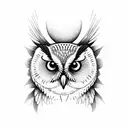 An Owl on an Apple Tree Branch. The apple branch has an apple blossom on it. The owls eyes are green. tattoo design idea