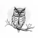 An Owl on an Apple Tree Branch. The apple branch has an apple blossom on it. The owls eyes are green. tattoo design idea