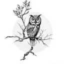An Owl on an Apple Tree Branch with an apple blossom flower tattoo design idea
