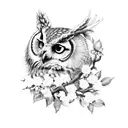 An Owl on an Apple Tree Branch with an apple blossom flower tattoo design idea