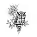 An Owl on an Apple Tree Branch with an apple blossom flower tattoo design idea