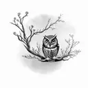 An Owl on an Apple Tree Branch with an apple blossom flower tattoo design idea