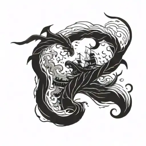 sea monsters fight against sailors in the ocean in storm  tattoo design idea