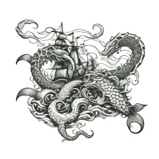 sea monsters fight against sailors in the ocean in engraving style tattoo design idea