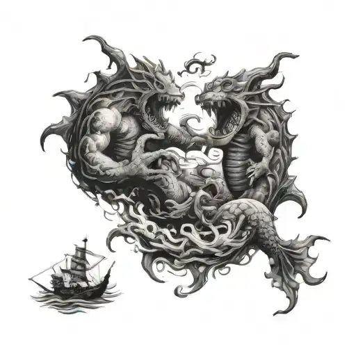 sea giant monsters fight against sailors in the ocean in engraving style tattoo design idea