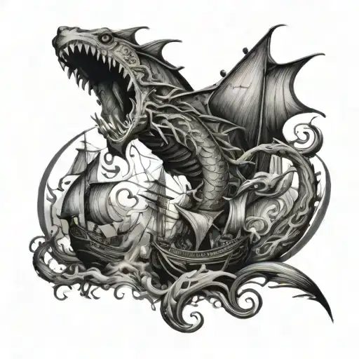 sea monsters battle with a mans ships tattoo design idea