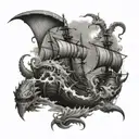 sea monsters battle with a mans ships tattoo design idea