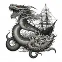 sea monsters battle with a mans ships tattoo design idea
