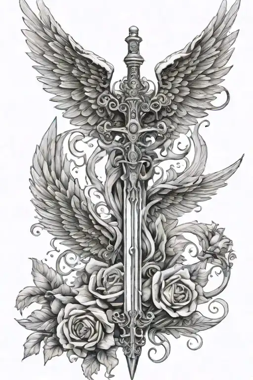 2,217 sword with angel wings spread tattoo design idea