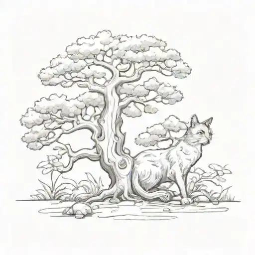 oak tree with cat climbing trunk surrounded tattoo design idea