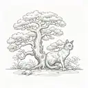 oak tree with cat climbing trunk surrounded tattoo design idea
