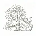 oak tree with cat climbing trunk surrounded tattoo design idea