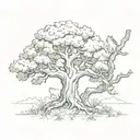 oak tree with cat climbing trunk surrounded tattoo design idea