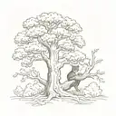 oak tree with cat climbing trunk surrounded tattoo design idea