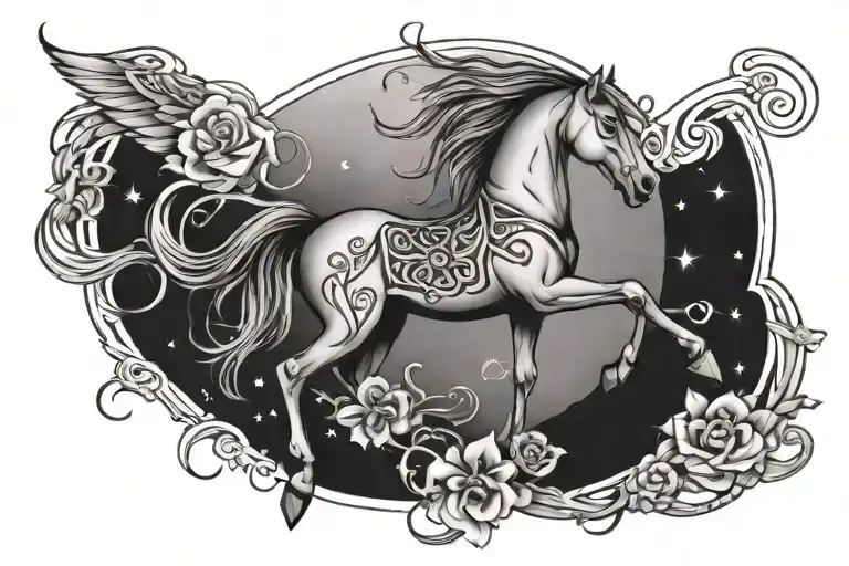 constellation shaped like a horse with Celtic flowers, and feathers, and the Celtic symbol for love   tattoo design idea