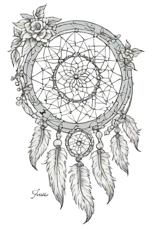 A dream catcher incorporating the names Jessica, Jamie, James, Angela, Isabella, and Jaxson in a neotraditional style tattoo design idea