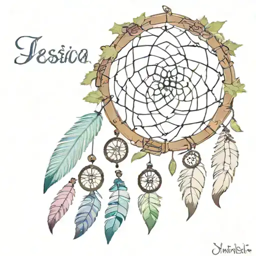 A dream catcher incorporating the names Jessica, Jamie, James, Angela, Isabella, and Jaxson tattoo design idea