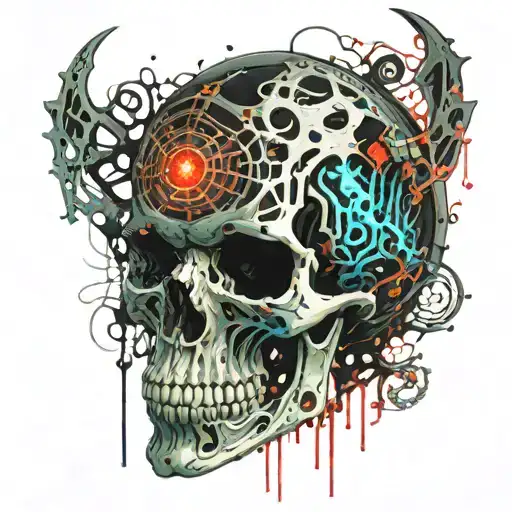 Decrepit burnt black copper Skeleton, Skull , spine , and ribs dripping in blood and melting all over. mushrooms tattoo design idea