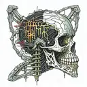 Decrepit burnt black copper Skeleton, Skull , spine , and ribs dripping in blood and melting all over. mushrooms tattoo design idea